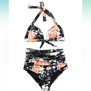 CUPSHE Faint Fragrance Printing High-Waisted Halter Bikini Set-SZ LARGE